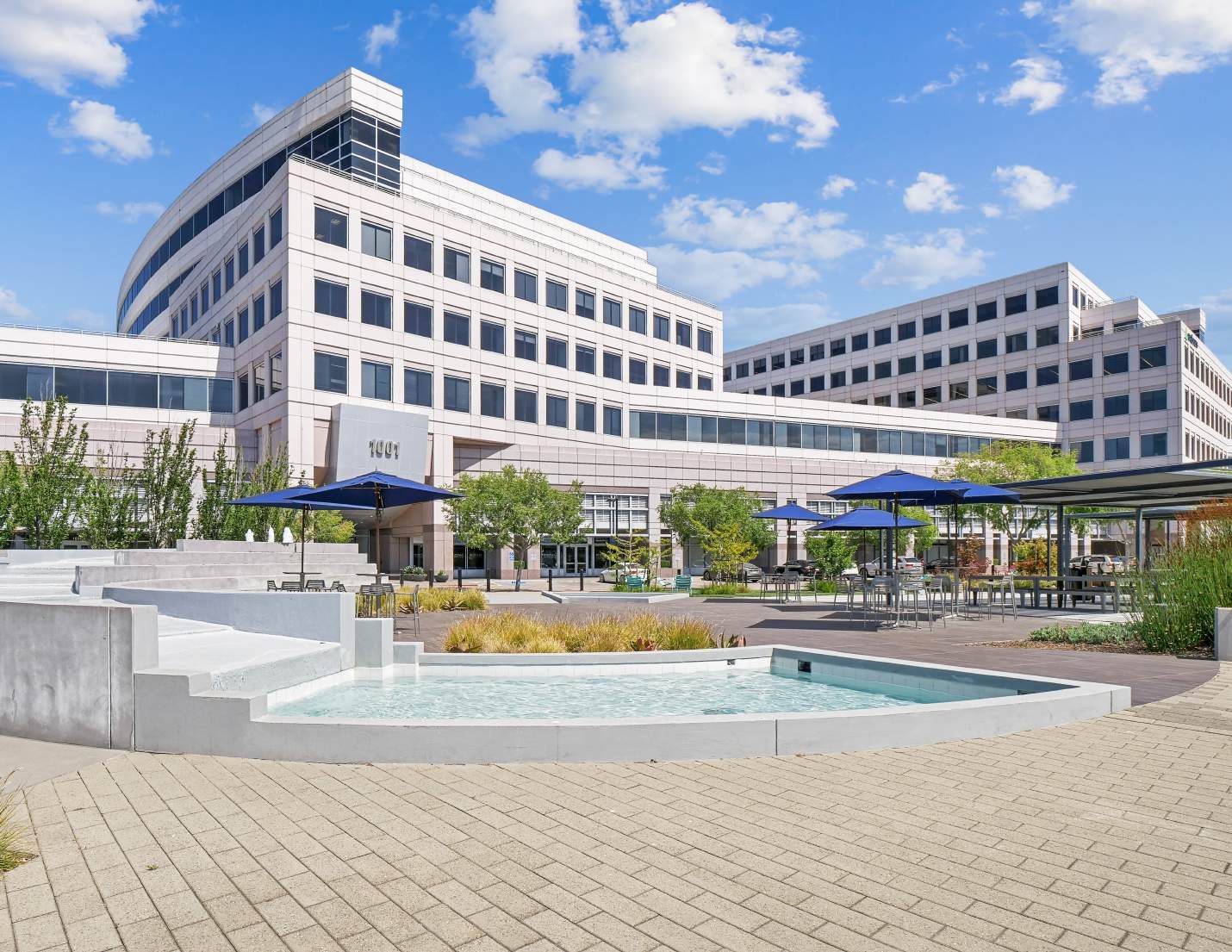 Parkside Towers campus and central courtyard at 1001 and 1051 East Hillsdale Boulevard